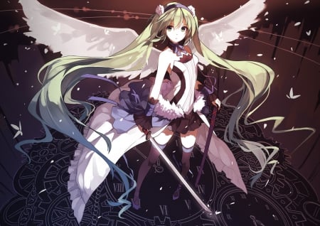 Wings Warrior - nice, beauty, female, angel, wings, twintail, anime girl, blade, sinistger, pretty, katana, anime, feather, miku, sword, twin tail, cute, hatsune miku, girl, twintails, long hair, lovely, hatsune, vocaloids, twin tails, vocaloid, wing, beautiful, weapon, sweet, green hair, dress