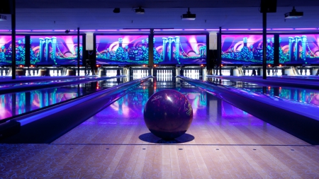 Bowling - ball, purple, lanes, black lights, bowling