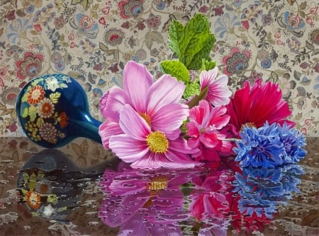 Gorgeous Floral Art - pink, blue, beautiful, water, flowers, drops, vase