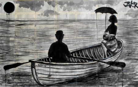 With Love - painting, love, art, louis jover, black and white, boat