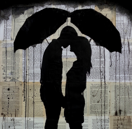 Kiss... - Louis Jover, Black and White, Umbrella, Love, Kiss, Painting, Art