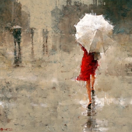 Umbrella Girl - painting, girl, red, rain, umbrella, andre kohn