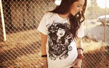 brunette - tshirt, smile, fence, farm