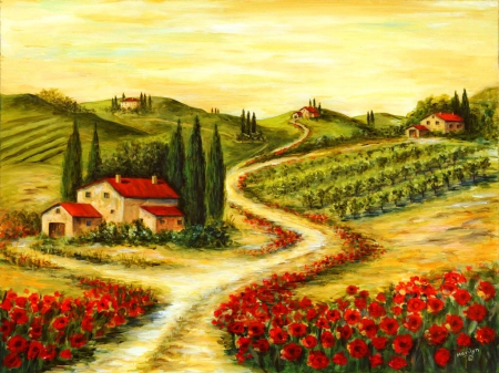 Tuscan poppies - vineyard, slope, italy, trees, peaceful, path, road, vinyard, cottages, tuscan, painting, art, walk, artwork, house, houses, summer, village, flowers, poppies