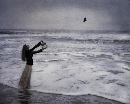 Letting go... - woman, sea, bird, fly