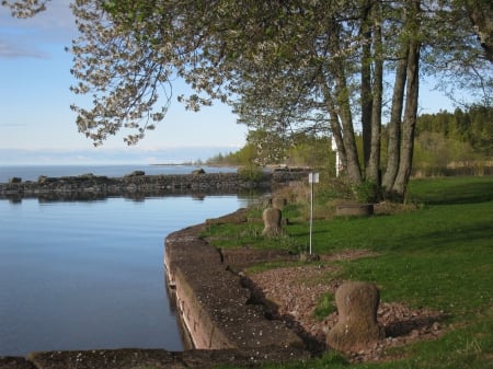 Small Harbour - trees, water, nature, lake, spring, harbour, stones, sky