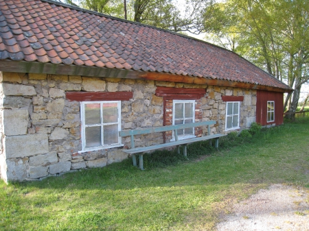 Old House - windows, sky, trees, bench, nature, house, stones, grass, old