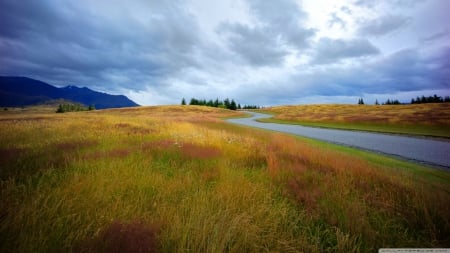 Nature - mountains, road, beauty, country, grass, rural, fields, weather, nature