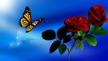 ~*~ Spring Red Roses ~*~ - butterfly, blue sky, spring, red roses, spring roses