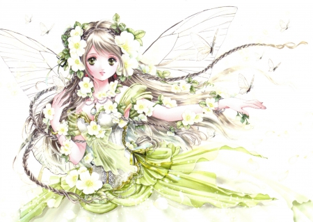 Mariposa - nice, beauty, female, wings, simple, anime girl, white, pretty, anime, green, maiden, lady, girl, braids, long hair, gown, lovely, floral, plain, wing, beautiful, blossom, sweet, fairy, dress, flower