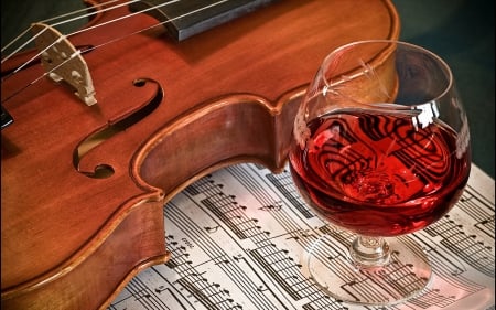 Just Music - musical notes, glass, music, violin, wine