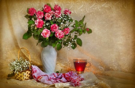 Still life - elegance, roses, fragrance, bouquet, basket, wine, still life, juice, pretty, petals, scent, harmony, lovely, vase, beautiful, red, leaves, flowers