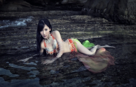 Taking A Little Dip - woman, water, asian, model, rocks