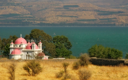 Sea of Galillee Church - dome, trees, church, galilee, pink, beautiful, sea