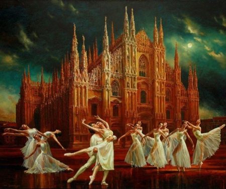 Ballet Dancers - cathedral, beautiful, dancers, ballet, dancing, art, sky