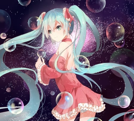 Bubbles - pretty, anime, vocaloid, twin tail, female, miku hatsune, twintail, dress, hatsune miku, long hair, hd, nice, twin tails, gown, anime girl, twintails, beautiful, girl, beauty, lovely, sweet, black, miku, bubbles, hatsune, vocaloids