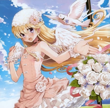 Lil' Angel - nice, beauty, sky, female, angel, blond, wings, anime girl, angelic, pretty, blonde hair, petals, anime, feather, cute, scene, adorable, girl, long hair, gown, lovely, bird, kawaii, floral, wing, beautiful, blossom, sweet, dress, blonde, flower