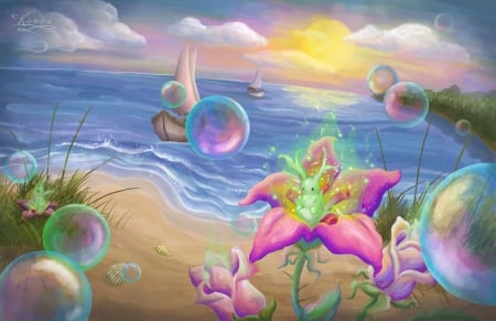 Fantasy - water, yellow, summer, blue, beach, sea, flower, pink, fantasy, by konoa, sunset, bubbles, art