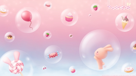 Fantasy - cupcake, blue, balloon, by lilibz, sweets, pink, fantasy, bubbles, dessert, sky, candy