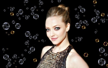 Amanda Seyfried - by cehenot, girl, beauty, actress, black, snake skin, woman, bubbles, Amanda Seyfried, blue eyes