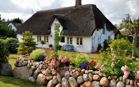 Beautiful Cottage - wall, countryside, flowers, house, stones