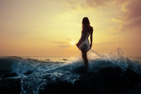 Just Beautiful â™¥ - beautiful, ocean, girl, wave, clouds, photography, sunset, sea, woman