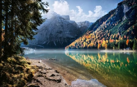 Braies Lake In Autumn, Italy - trees, Alps, beautiful, snowy peaks, forest, reflection, church, mountain, lakeshore, autumn, lake