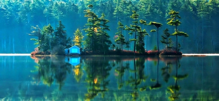 Cabin On The Lake Isle - trees, summer, beautiful, island, forest, reflection, magic lights, lake, Maine