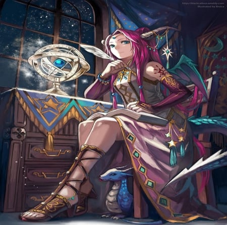 Dragon Girl - horn, girl, magic, room, long hair, dragon, wings, orginal