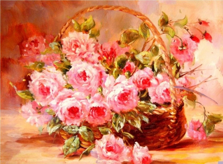 â™¥ - roses, pink, flowers, basket, painting