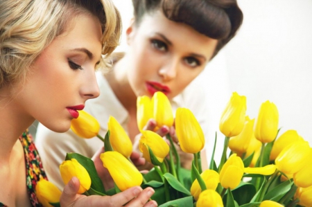 Beauty - flowers, tulips, yellow, ladies