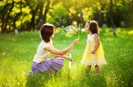 Blowing Bubbles - bubbles, photography, child, mother