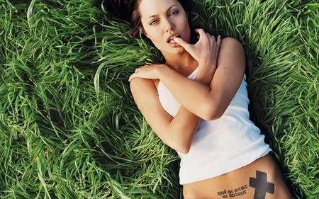 Angelina Jolie - tattoo, green, mother, grass lips, sexy, actress