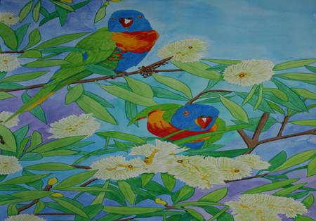 Rainbow Lorikeets in Flowering Gum Tree - parrots, flowering gum tree, art, rainbow lorikeets, australia