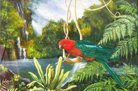 King Parrot - trees, king parrot, ferns, stream, art, australia