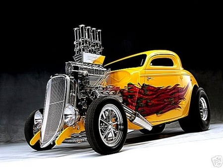 1934 Ford Custom 3 Window Coupe - flames, hotrod, ford, yellow