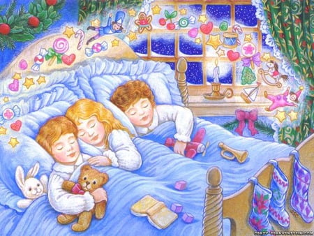 Dreaming of Christmas - christmas decorations, toys, dreaming, children, sleeping, art, bedroom