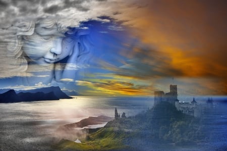 Dreaming of Beyond - ocean, art, castle, clouds, statue in sky, coast