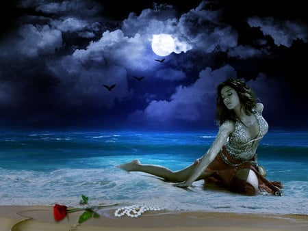 Fantasy Dreaming - pearl necklace, red rose, lady, beach, evening wear, dark clouds, art, full moon