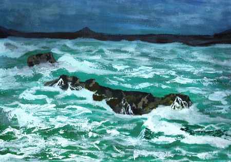 Stormy Sea - sky, rocks, sea, art