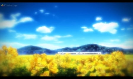 The Scene - hill, anime, yellow, scenery, blossom, beautiful, scene, scenic, beauty, flower, mountain, train, cloud, floral, clannad, sky