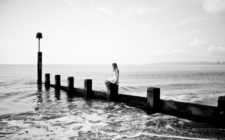 alone girl - beauty, alone, bw, sea, wait