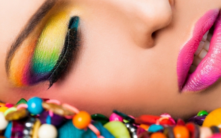 ♥ - yellow, blue, girl, sweets, pink, make-up, rainbow, red, green, woman, model, candy