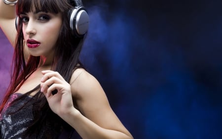 ♥ - music, black, headphones, blue, woman, model, girl, pink