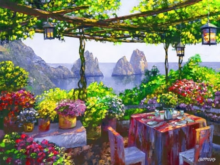 Table for two - summer, rocks, beautiful, flowers, art, lake, view, table, two, mountain, romantic, painting