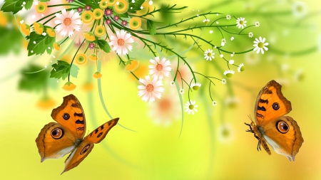 Spring background - pretty, beautiful, flowers, spring, yellow, butterflies, background, freshness, lovely, daisies