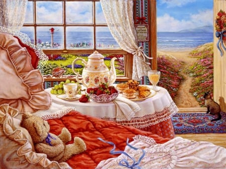 Cottage by the sea - breakfast, window, room, cozy, home, view, teddy bear, art, cottage, house, beautiful, sea, table, morning, sweet, village, painting, cute, peaceful