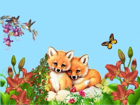 Two Foxes Hiding - Foxes, Two, Hiding, Flowers