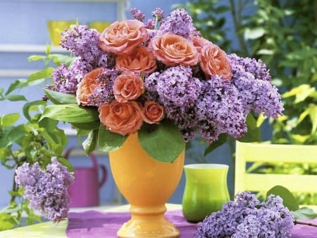 Spring afternoon - flowers, spring, roses, lilacs