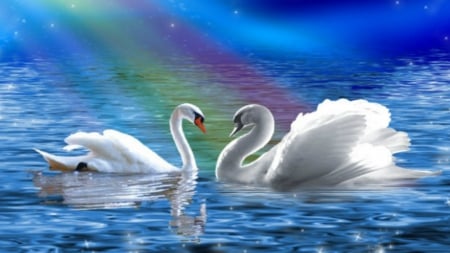 ~*~ Romance ~*~ - lake, swans, love, rainbow